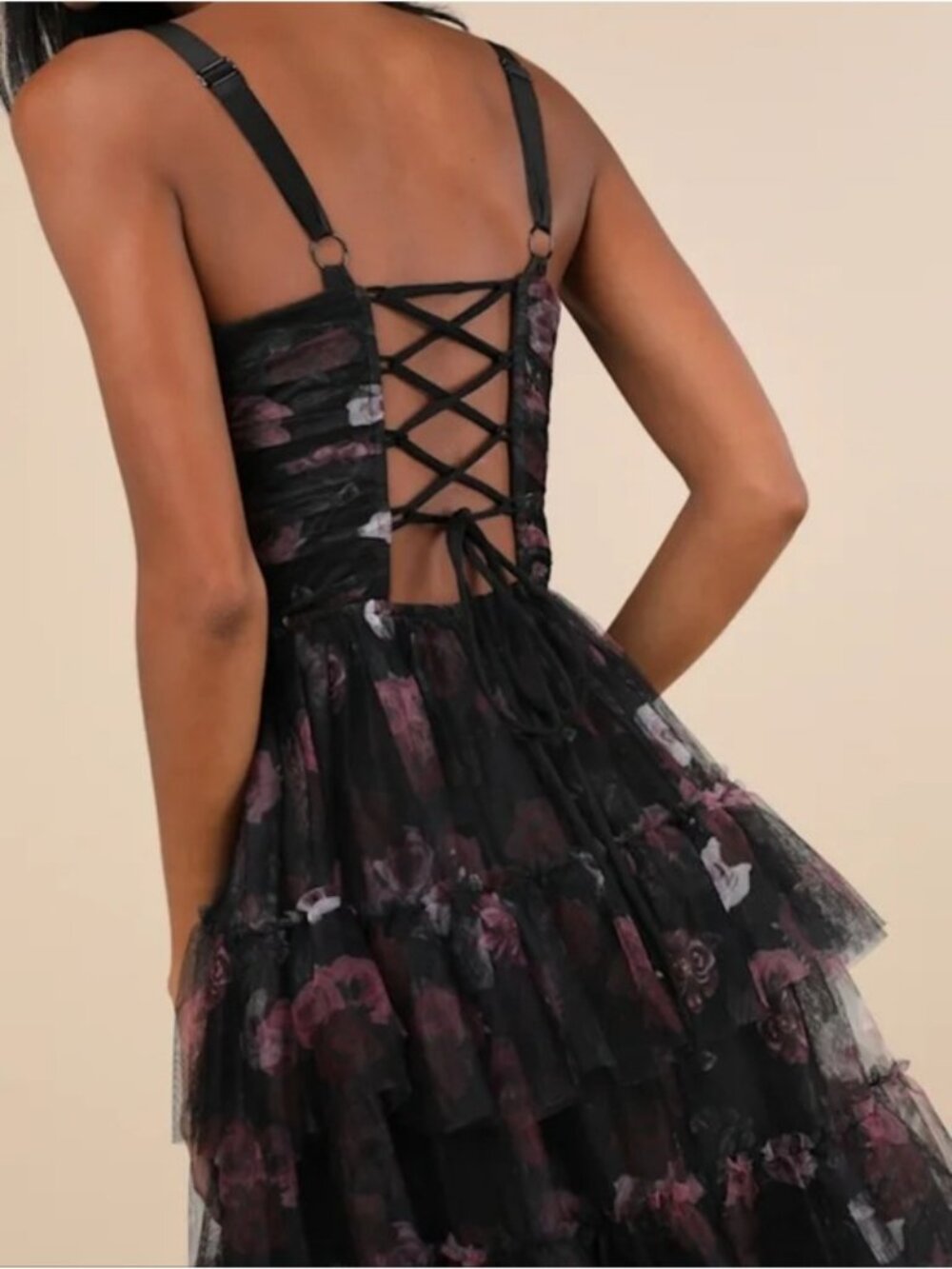 Lulus Sentimental Charisma Black Floral Mesh Tiered Midi Dress New Medium - Picture 10 of 12